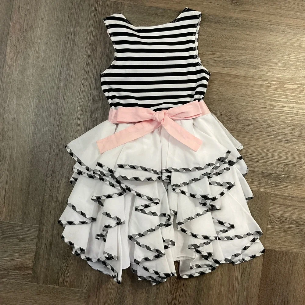 Biscotti Striped Tiered Ruffle Rose Dress Girls Size 7 Black White Pink Coquette